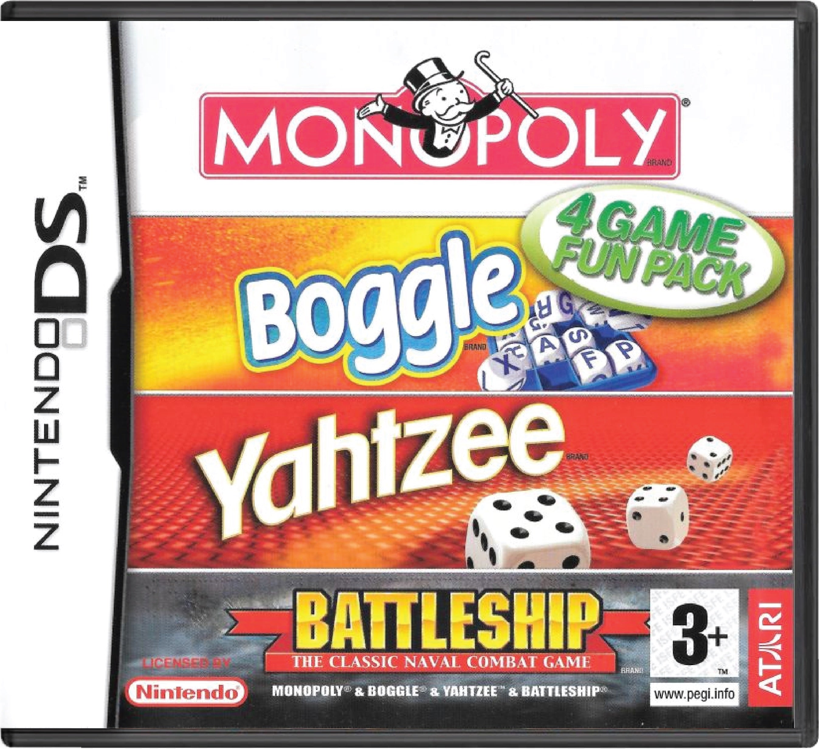 4 Game Fun Pack Monopoly + Boggle +  Yahtzee + Battleship Cover Art